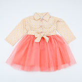 Belted Front Button Long Sleeves Splicing Mesh Frock